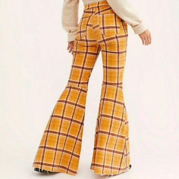 Free People Just Float On Wide Flare Bell Bottom Corduroy Pants Mustard Plaid 26 - Picture 9 of 16